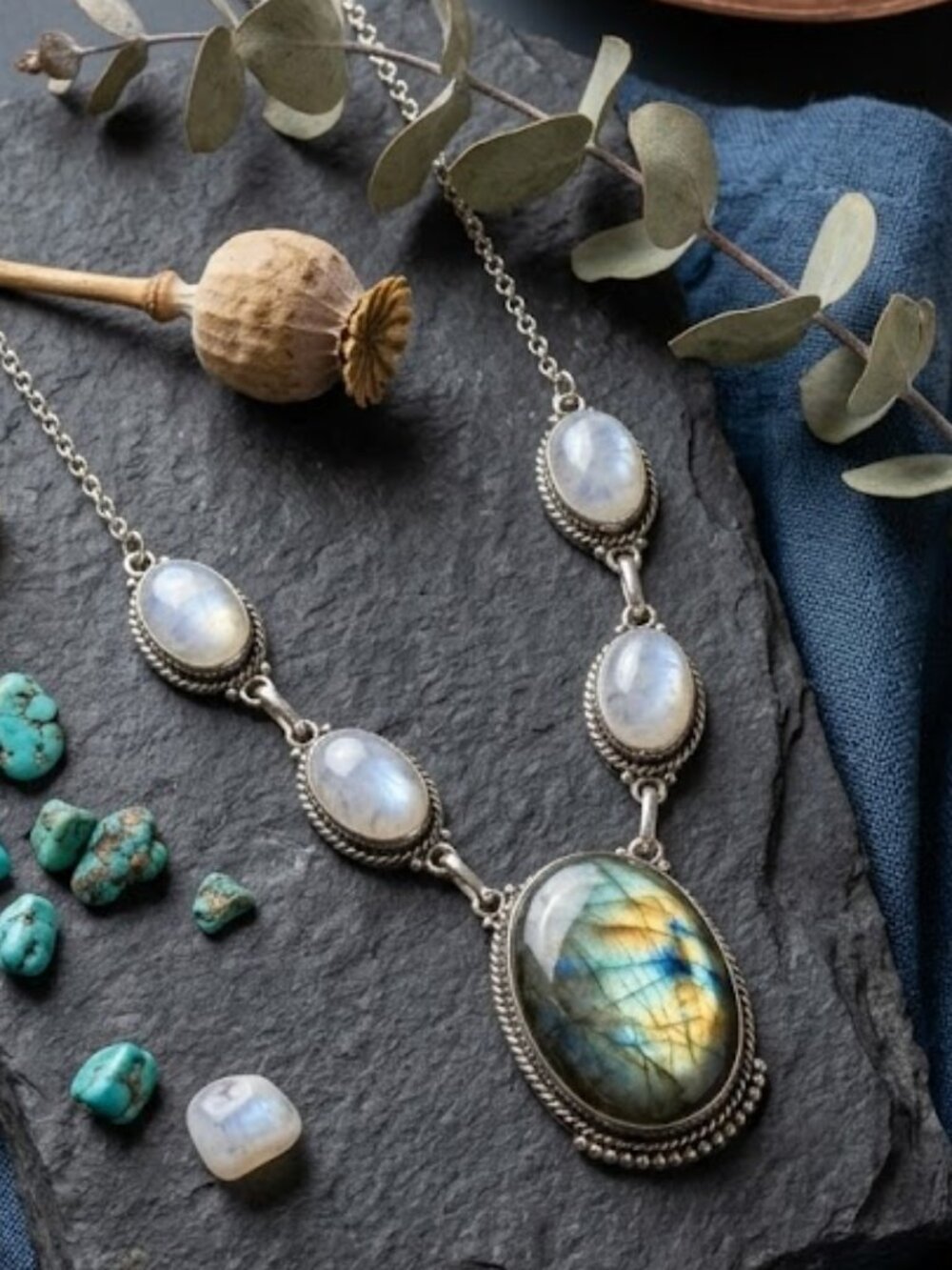925 Silver Genuine Labradorite Moonstone Statement Necklace Whimsigoth Bohemian - Picture 12 of 14